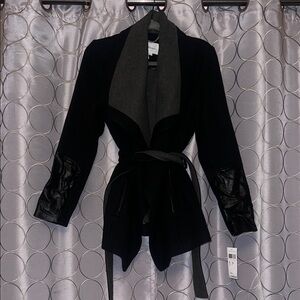 NWT BCBG Black and Gray Belted Jacket with Leather Accents